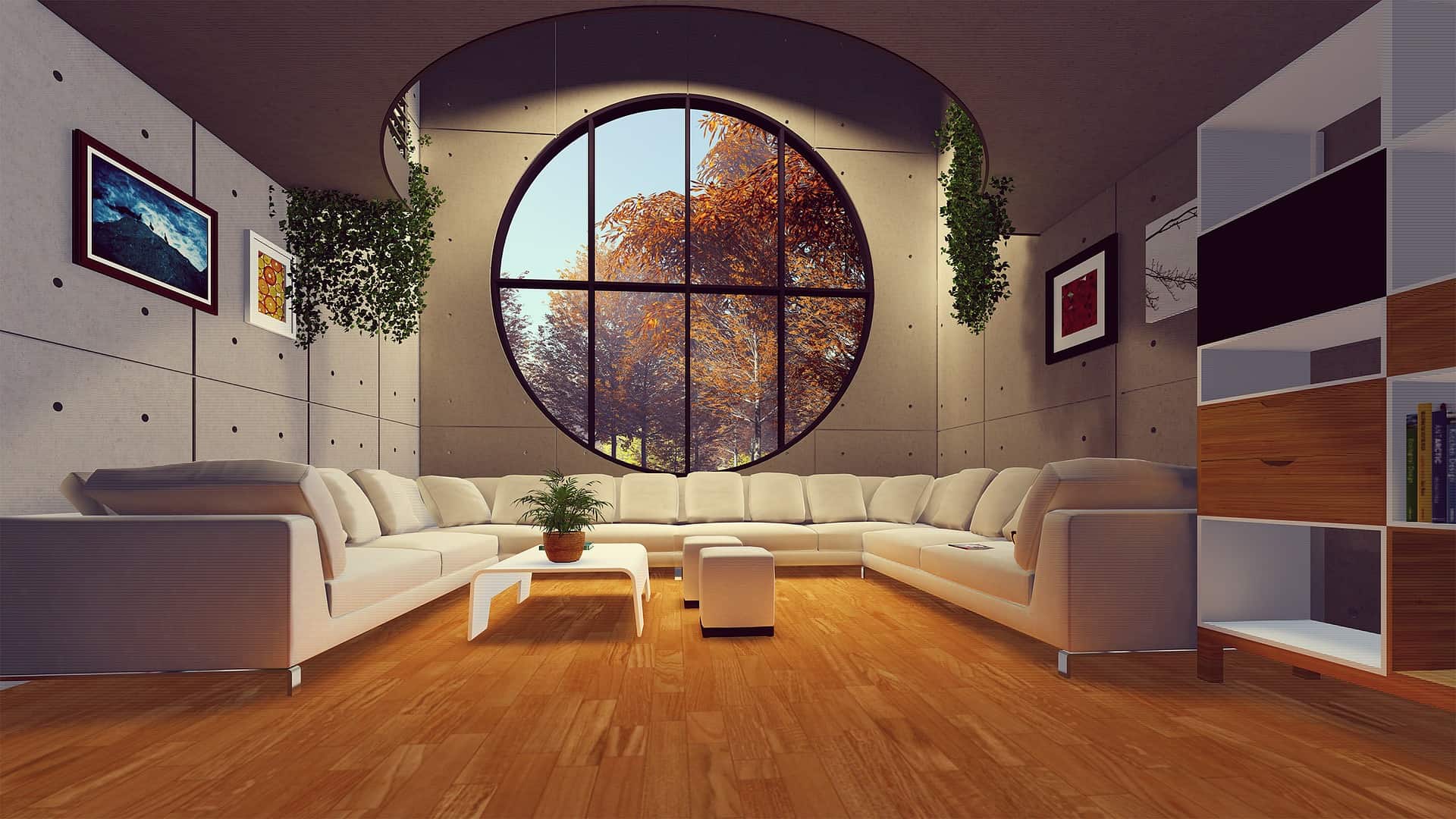 wide living room with indoor hanging plants